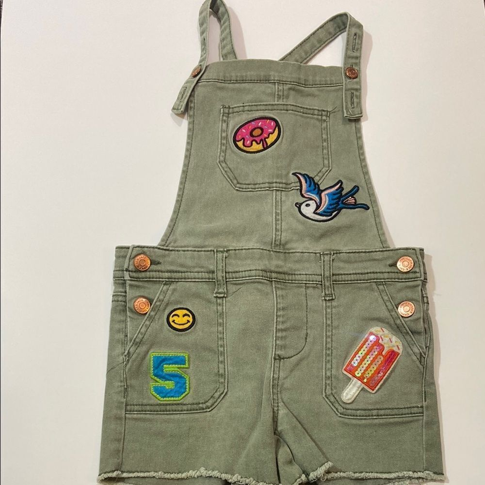 Cat & Jack Kids Olive Green Overalls with Fun Patches Size M